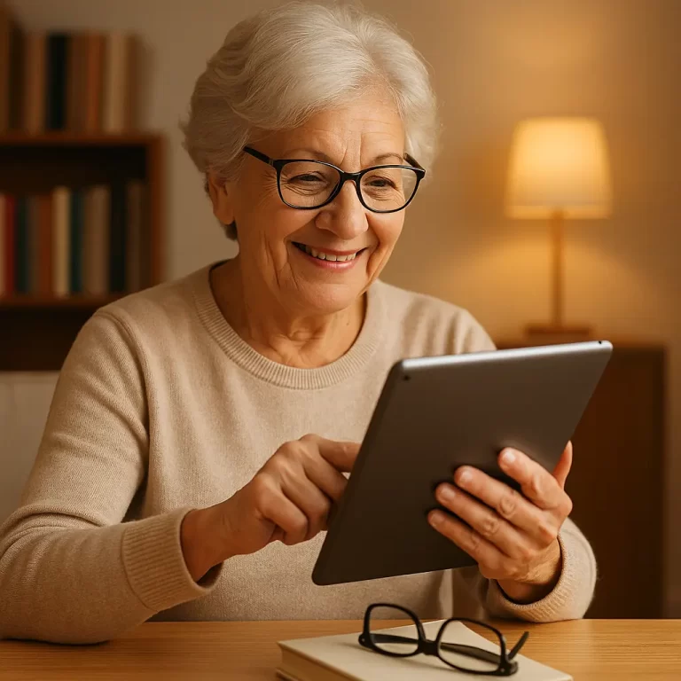 A friendly senior learning to use a tablet at home with warm lighting, showing confidence and comfort. Include books, glasses, and a clean, simple background.
