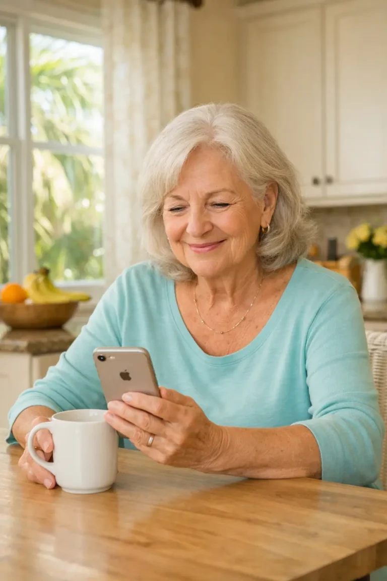 Elderly woman enjoying her coffee and phone
